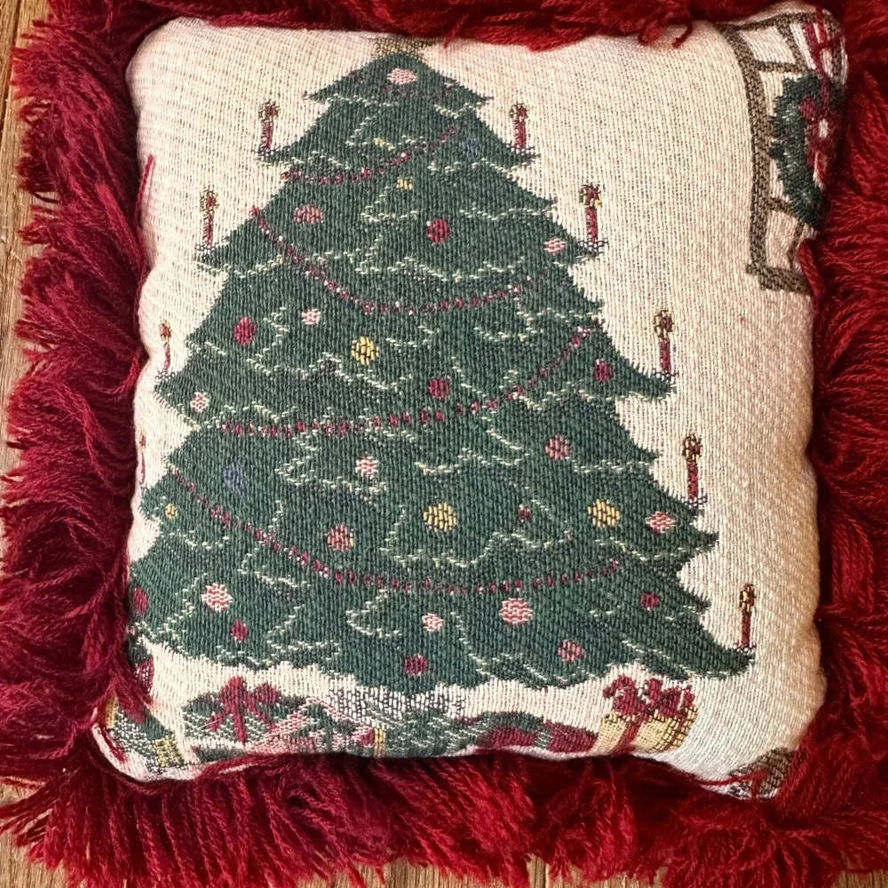 Vintage Riverdale Christmas Tree Pillows 8in Tapestry Fringe Red Green Holiday